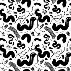 Scribble organic line brush strokes. Paint smears vector seamless pattern. Chaotic ink freehand smudges texture.