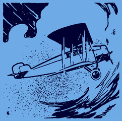 Historical biplane aircraft flying in front of a rainy and thundery sky on a blue-grey background. Editable in layers © M