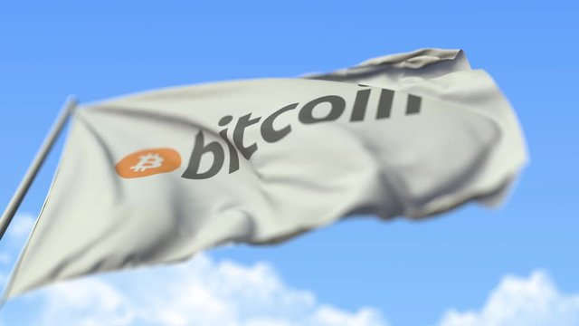 Waving flag with bitcoin logo, low angle view. Loopable realistic slow motion 3D animation