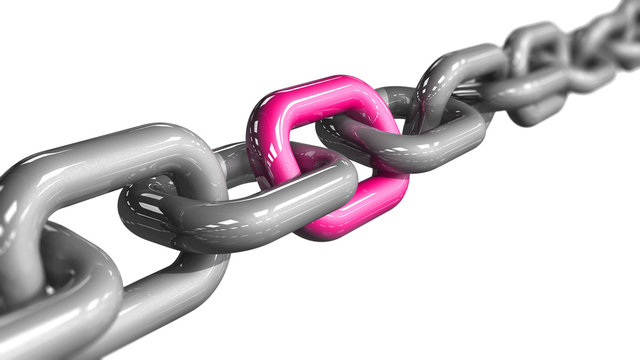 A single pink colored link in a chain. Conceptual image depicting being unique and standing out. LGBT pride concept. 3D rendered illustration.