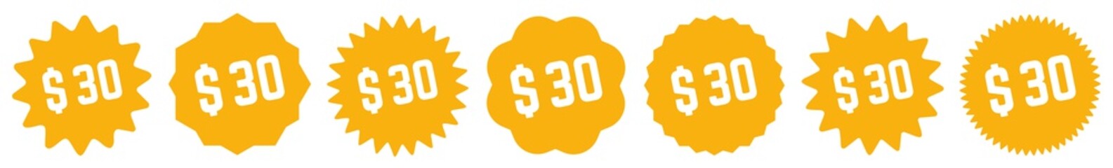 30 Price Tag Orange | 30 Dollar | Special Offer Icon | Sale Sticker | Deal Label | Variations