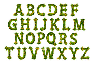 Green Grass And Flowers Alphabet. Font For Your Design. 3D Illustration