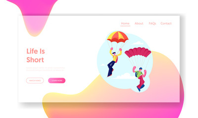 Extreme Activities Website Landing Page. Skydivers Jumping with Parachute. Skydiving Parachuting Sport. Parachutists Flying Through Clouds. Cartoon Web Page Banner. Cartoon Flat Vector Illustration