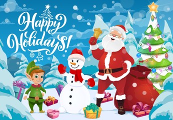 Obraz na płótnie Canvas Santa with Christmas bell, gifts, snowman and elf