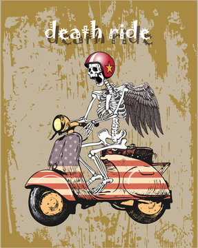 vector image of a skeleton on a scooter in cartoon style