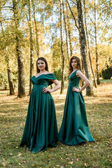Obraz na płótnie Canvas Ladies in elegant green dresses walking in autumn park. Brunette girl Dreamy young girls laughing on the outdoors