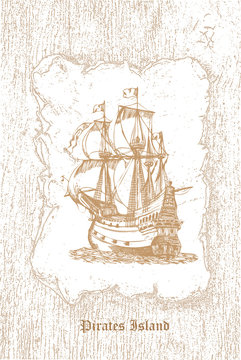 vector image of a vintage caravel in old engraving style