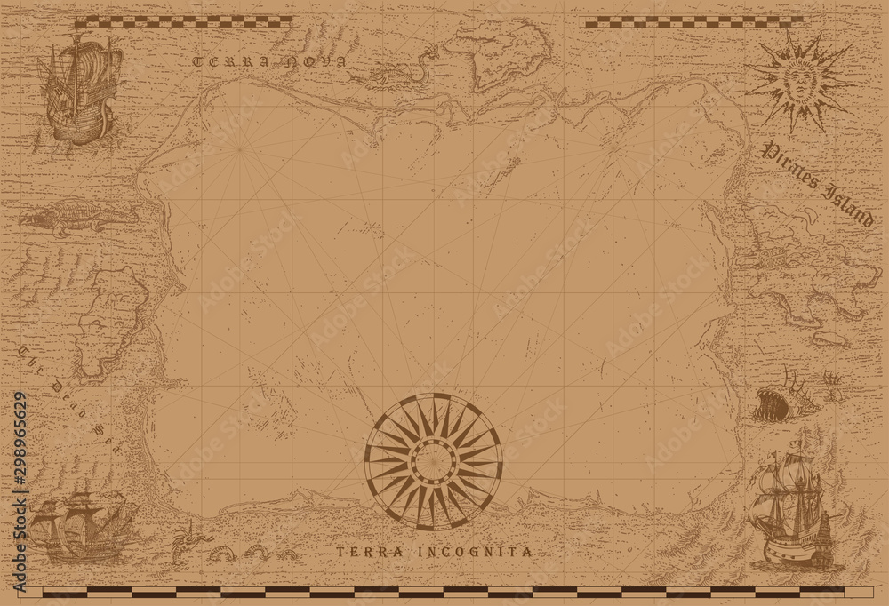 Poster vector image of an old sea map in the style of medieval engravings