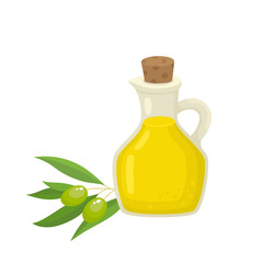 Olive oil glass jug with olive branch isolated on white background.