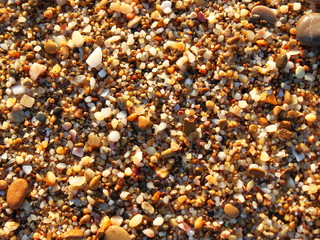sand pebbles beach close-up texture background at sunset