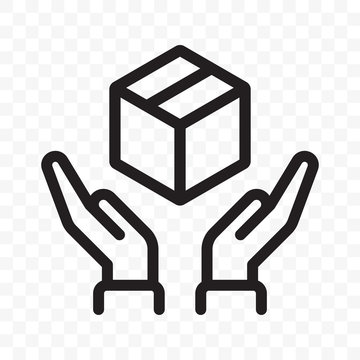 Fragile icon, handle with care logistics and delivery shipping label. Fragile package, hands and parcel box warning outline vector sign