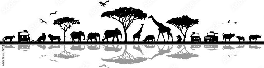 Wall mural savanna landscape africa vector silhouette