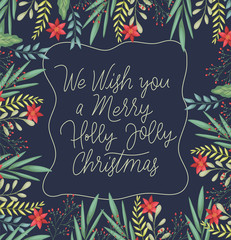 happy merry christmas card with floral decoration and calligraphy