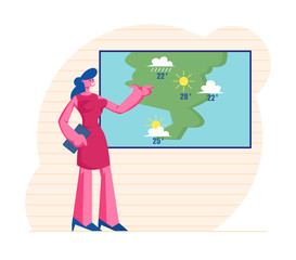 Television Anchorwoman at Studio Forecast Weather During Live Broadcasting. Woman Meteorologist Announcer Reporter Forecasting Sunny and Rainy Summer Days in Tv News. Cartoon Flat Vector Illustration