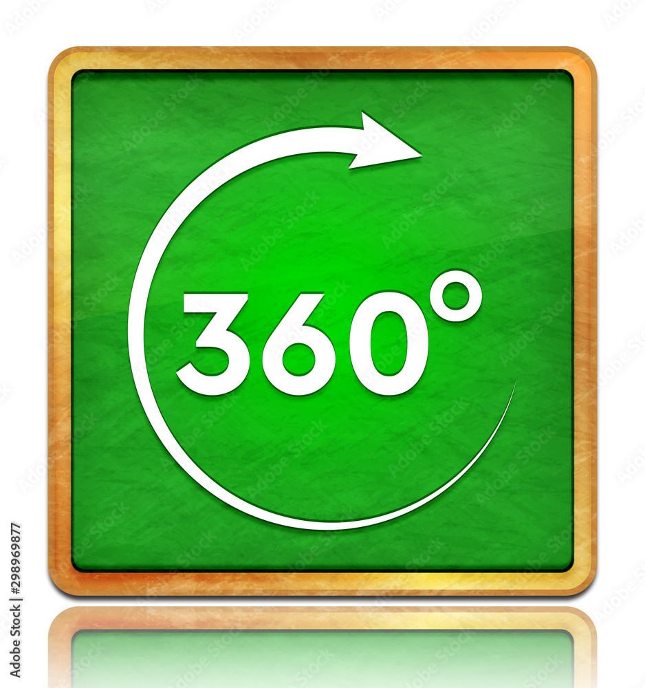 Poster 360 degrees rotate arrow icon chalk board green square button slate texture wooden frame concept isolated on white background with shadow reflection