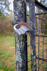 Closed hanging lock on a metal fence.