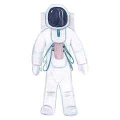 Astronaut (spaceman, cosmonaut) in a spacesuit. Watercolor hand drawn character isolated on white background.