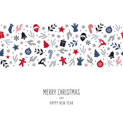 Christmas icon elements border card with greeting text seamless pattern isolated white background.