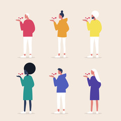 Romantic Saint Valentine set of characters blowing kisses in the wind, body language and gestures