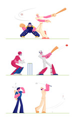 Fototapeta na wymiar Set Golf and Baseball Players Isolated on White Background. People Play on Course Hitting Ball to Hole, Batter Hitter Hitting Ball Catcher Prepare to Get it. Cartoon Flat Vector Illustration, Clip Art