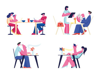 People Relaxing in Restaurant or Cafe Set. Characters Sitting at Tables Drinking Coffee, Eating Meal Use Gadgets. Customer Characters Spend Time in Recreational Place. Cartoon Flat Vector Illustration