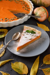 Homemade pumpkin pie decorated with seeds and dry leaves on black background. Thanksgiving or autumn concept