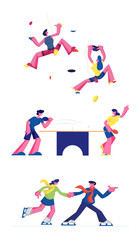 Rock Climbing Ping Pong and Ice Skating Set Isolated on White Background. Male and Female Characters Engaged Indoors and Outdoors Sports Activity. Healthy Lifestyle Cartoon Flat Vector Illustration