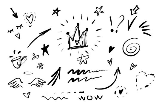 Hand drawn doodle swishes, swoops, emphasis vector set. Collection of black and white highlight text elements, calligraphy swirl, tail, flower, heart, graffiti crown.