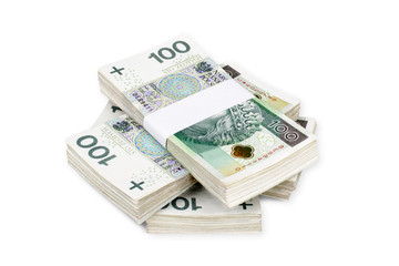 Bundles of polish 100 zloty banknotes. Isolated on white. Clipping path included.