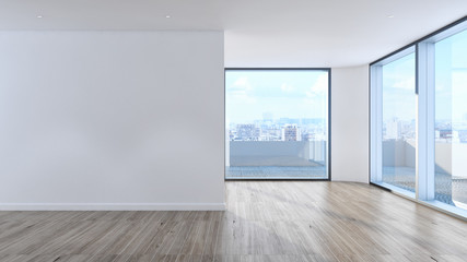 Idea of a white empty scandinavian room interior illustration 3D rendering with wooden floor and large wall and white. Background interior. Home nordic