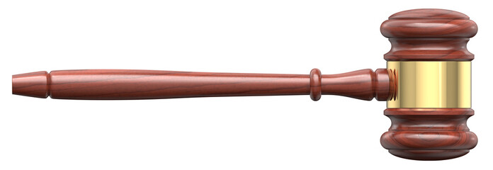 Side View of a Single Wood Gavel Hammer for Lawyers, Courtroom Judges and Auction Sale. 3d Rendering Illustration Isolated On White Background