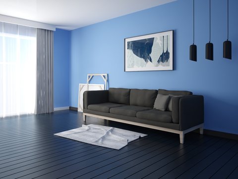 Mock up the living room in a modern style with a trendy sofa and a stylish original background.
