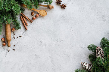 Christmas culinary background for menu or recipe. Spices for baking and fir branches on concrete.