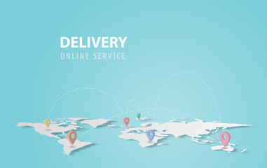 Smartphone technology application.Delivery service concept.Creative map world location network paper cut and craft style.Graphic Online transport background.Minimal blue pastel.Vector illustration