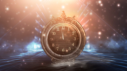 Dark abstract scene with a vintage watch. Night landscape, snow, smoke, magic fantasy with a clock.