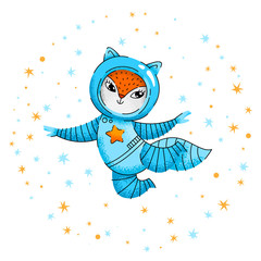 Space fox cartoon character among stars. Vector grain effect illustration. Cute hand drawn moderm style character.