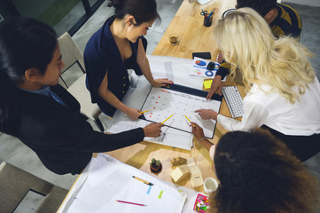 Business team meeting around board table, presenting to colleagues with planning and work, Calendar...