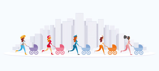Five young women are walking with their prams. Modern City Skyline.