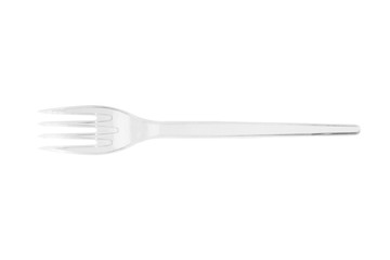 a transparent plastic fork isolated on a white background.