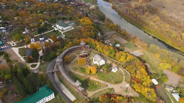 Beautiful Aerial view of Baturin Fortress with the Seym River in Ukraine. Moving camera forward subject.