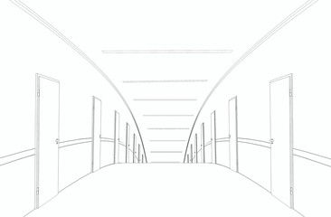 long corridor with doors, contour visualization, 3D illustration, sketch, outline