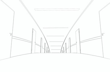 long corridor with doors, contour visualization, 3D illustration, sketch, outline