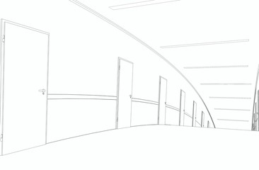 long corridor with doors, contour visualization, 3D illustration, sketch, outline