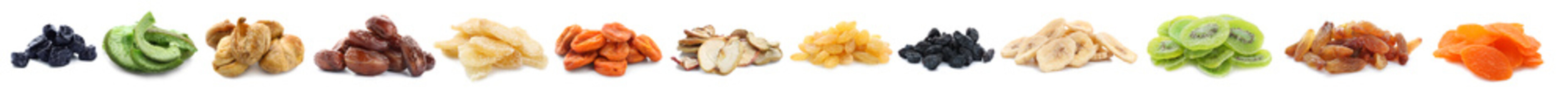 Assortment of tasty dried fruits on white background