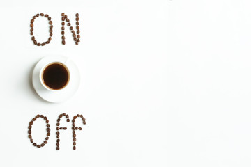 Coffee lettering made from roasted coffee beans. Coffee beans isolated. Word off and on made of roasted coffee beans. Food lettering. Isolated. coffee beans isolated on white background.