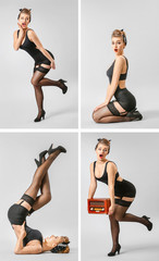 Collage with beautiful pin-up woman on grey background