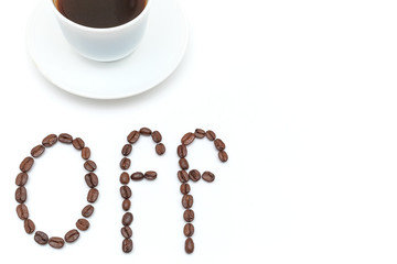 Coffee lettering made from roasted coffee beans or grain isolated on white background. Coffee beans isolated on white background.