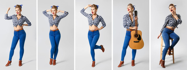 Collage with beautiful pin-up woman on grey background