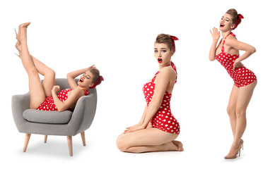 Collage with beautiful pin-up woman on white background - obrazy, fototapety, plakaty