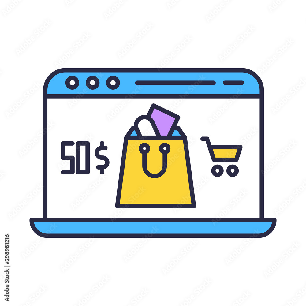 Poster online store app color icon. laptop screen with price and shopping bag. choosing and adding goods to